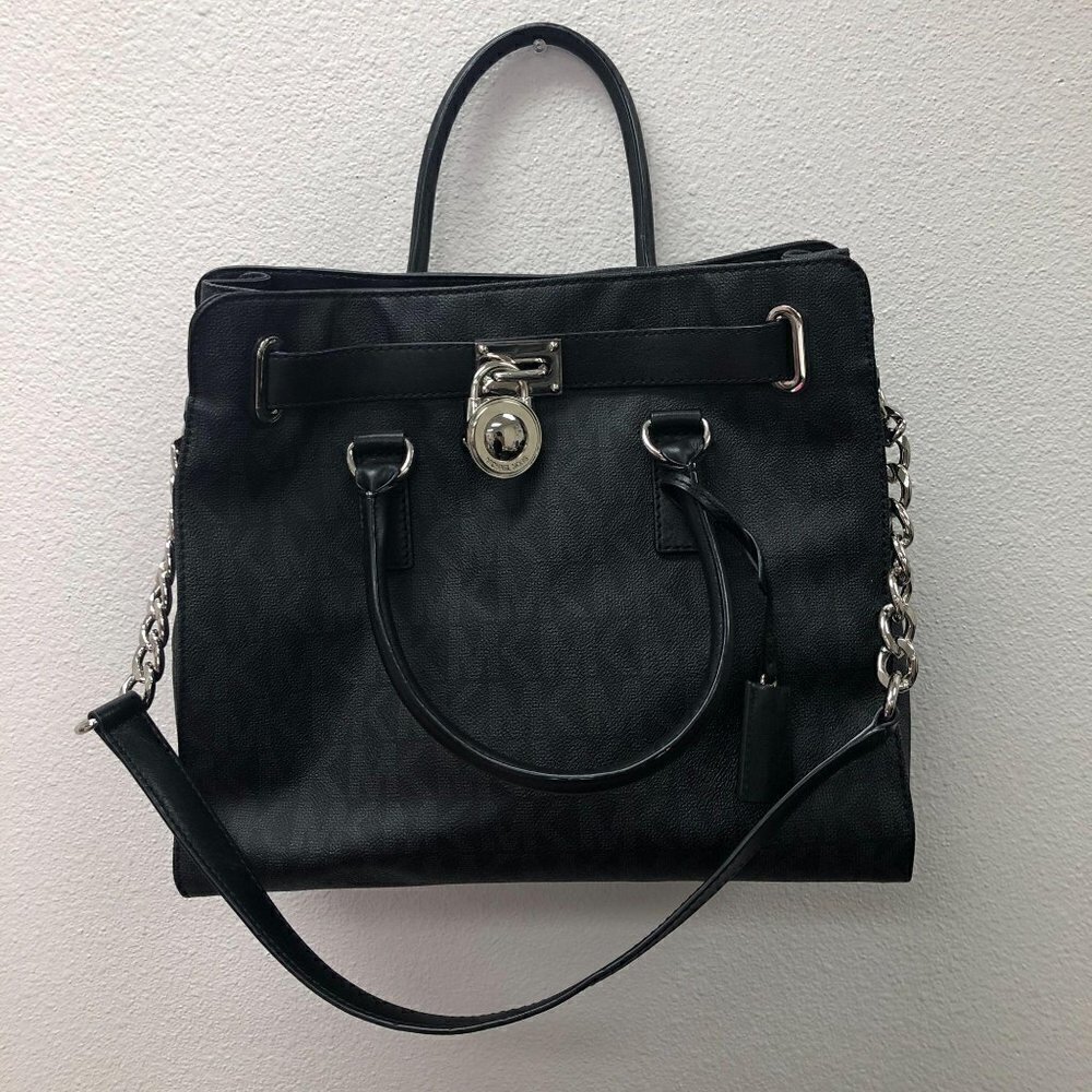 Michael Kors Black Logo Monogram Large Hamilton Satchel Bag Handbag Purse